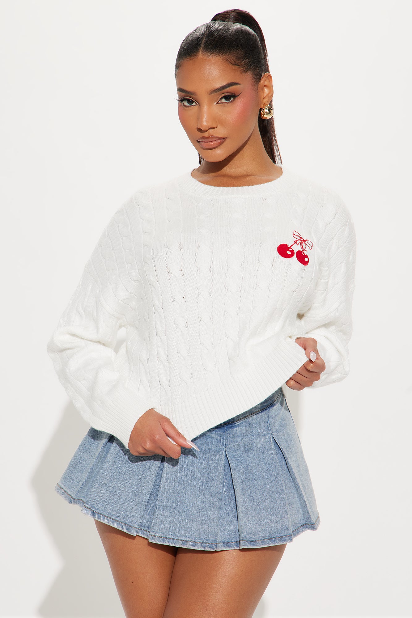 Cutie Bow Cherry Cable Knit Sweater - Ivory - Image 2
