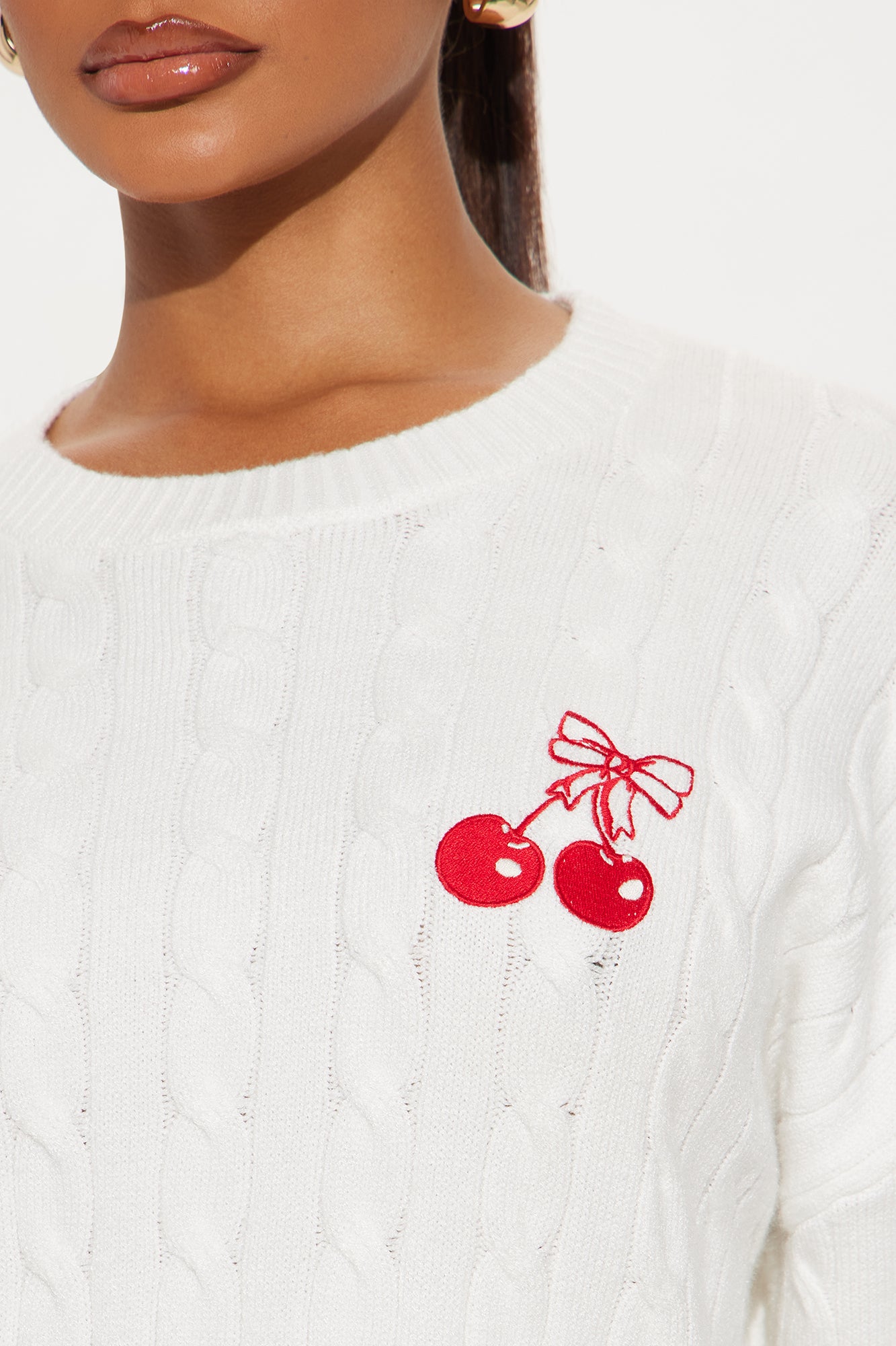 Cutie Bow Cherry Cable Knit Sweater - Ivory - Image 3