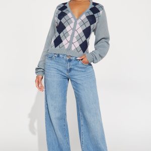 Preppy Days Checkered Cropped Cardigan - Grey/combo