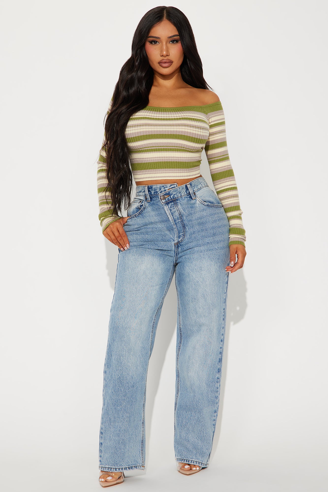 Madisyn Off Shoulder Striped Sweater - Green/combo - Image 2