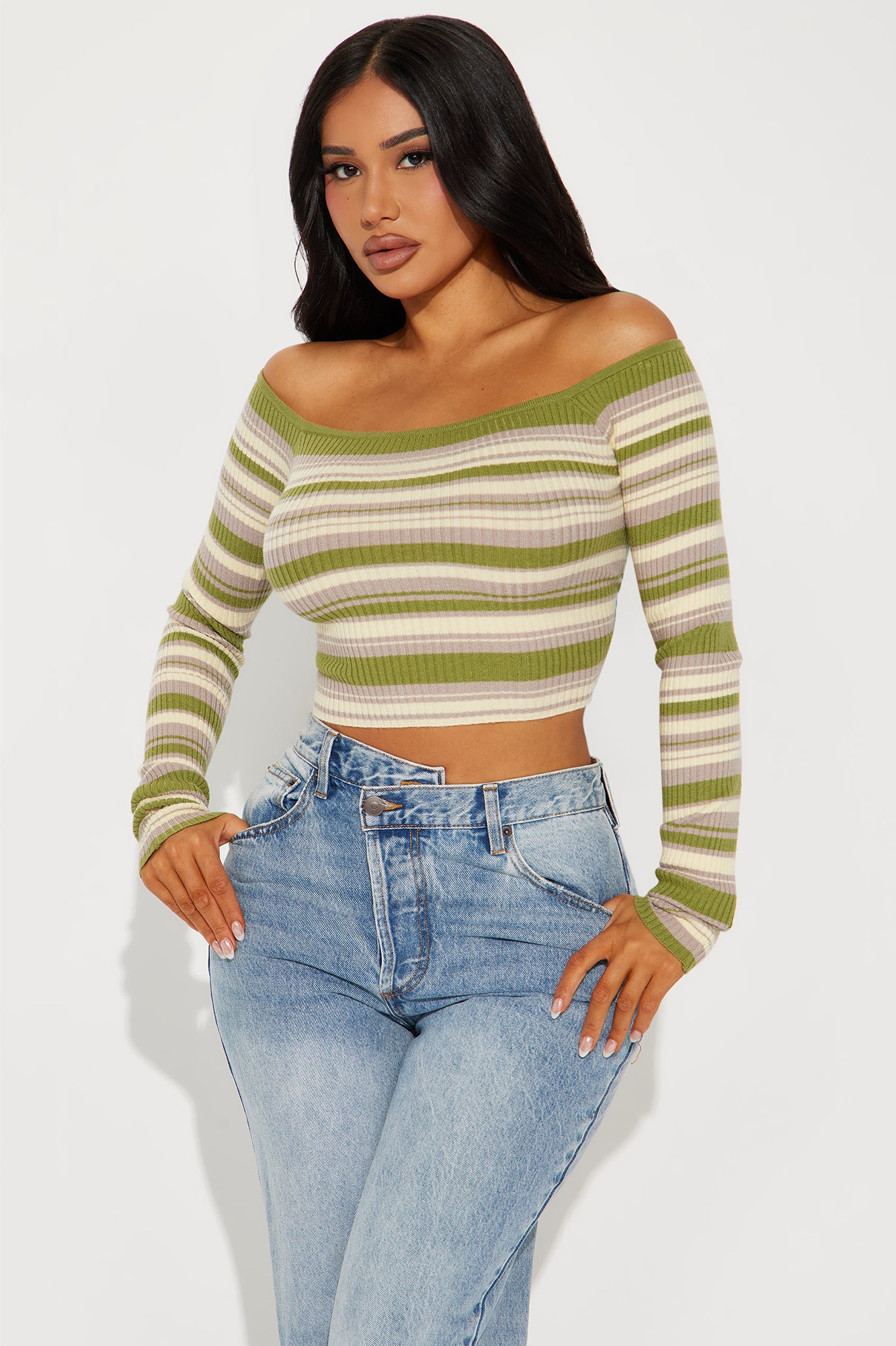 Madisyn Off Shoulder Striped Sweater - Green/combo - Image 3