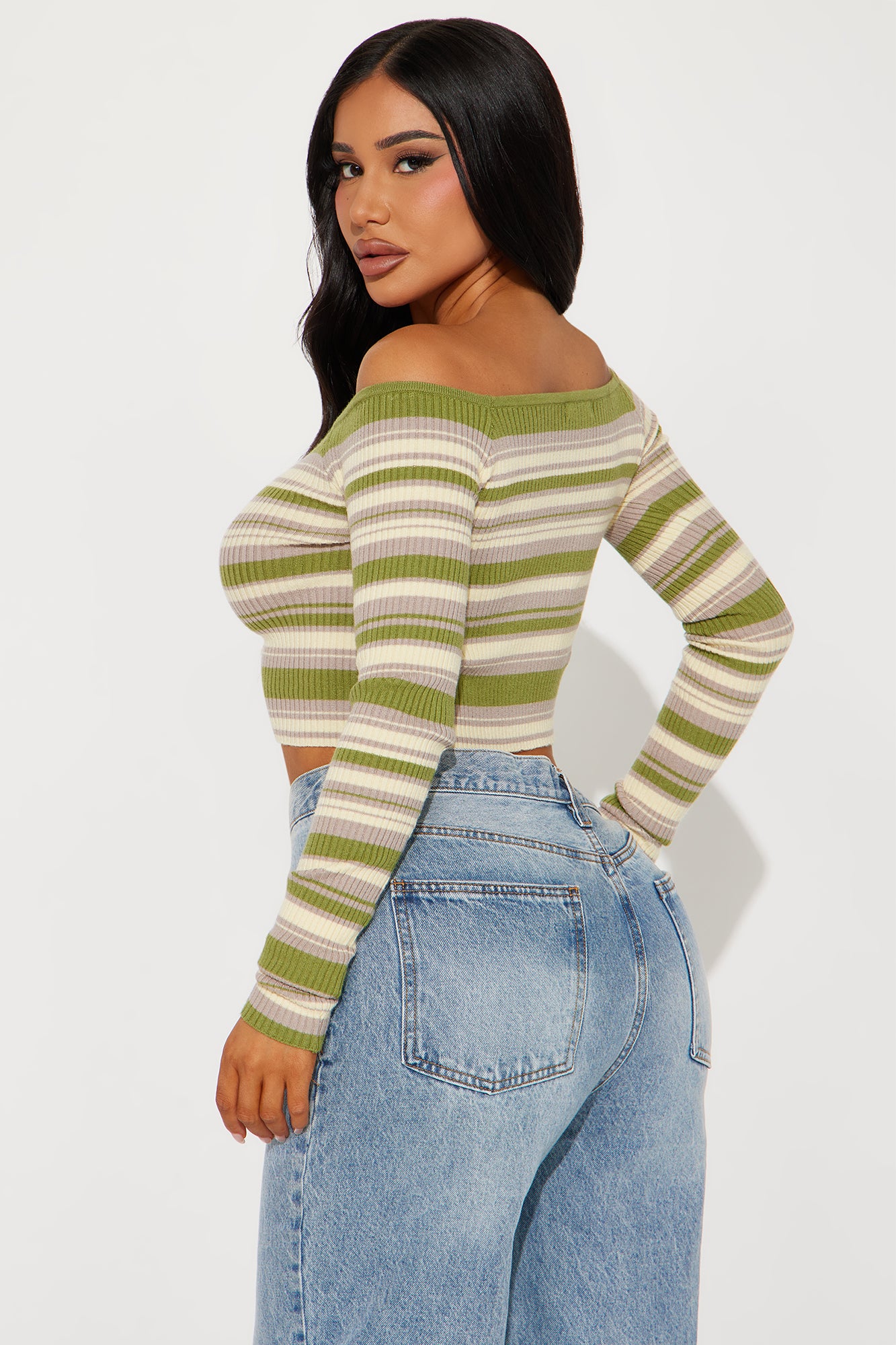 Madisyn Off Shoulder Striped Sweater - Green/combo - Image 4