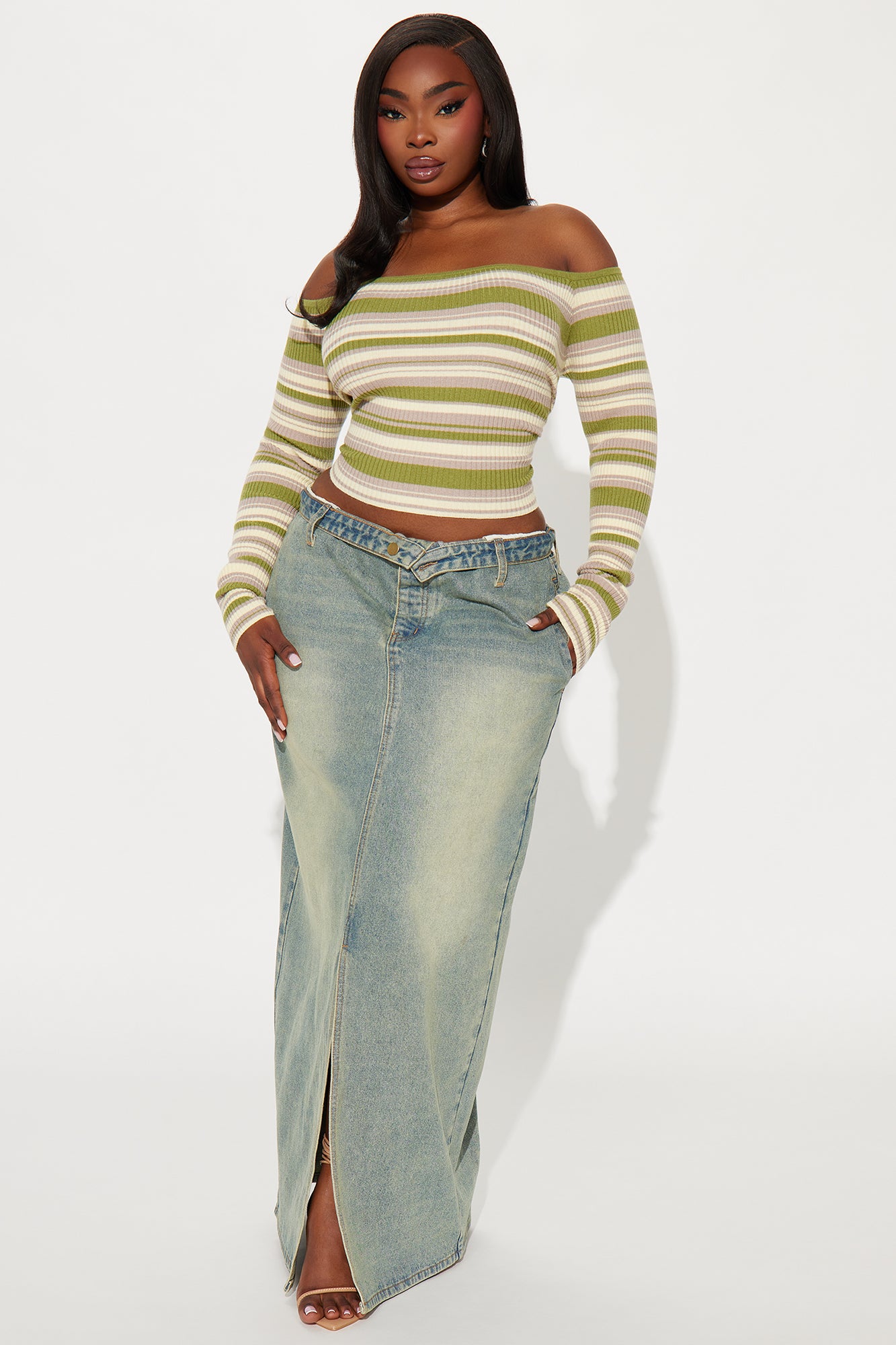 Madisyn Off Shoulder Striped Sweater - Green/combo - Image 5