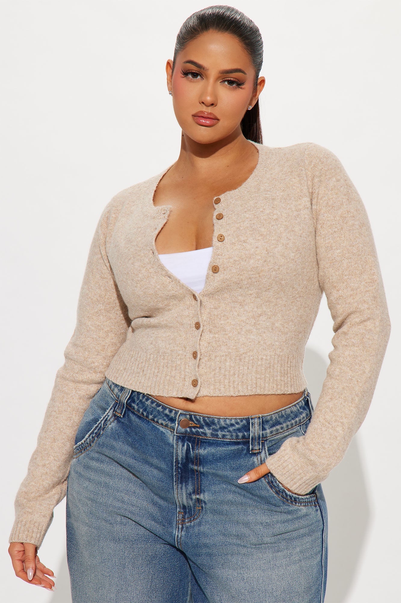 Sweet Sensation Cropped Cardigan - Taupe - Image 4
