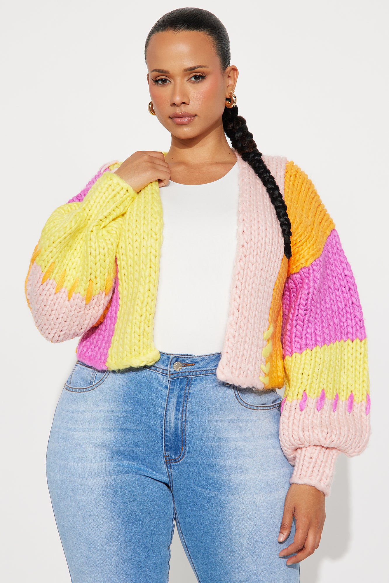 Camille Chunky Knit Color Block Cropped Cardigan - Pink/combo - Image 6