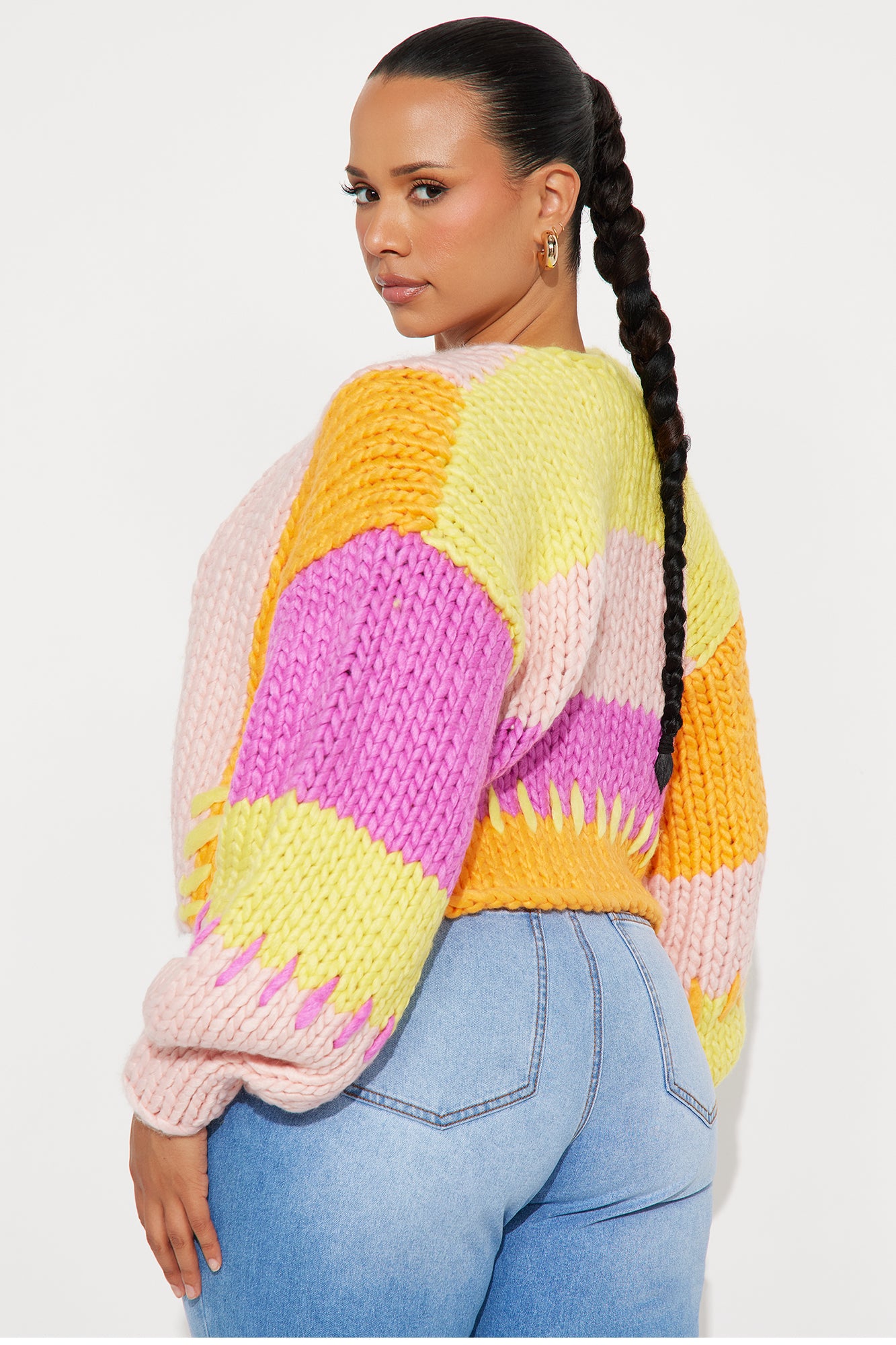 Camille Chunky Knit Color Block Cropped Cardigan - Pink/combo - Image 3