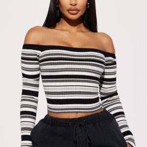 Madisyn Off Shoulder Striped Sweater - Black/combo