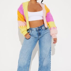 Camille Chunky Knit Color Block Cropped Cardigan - Pink/combo