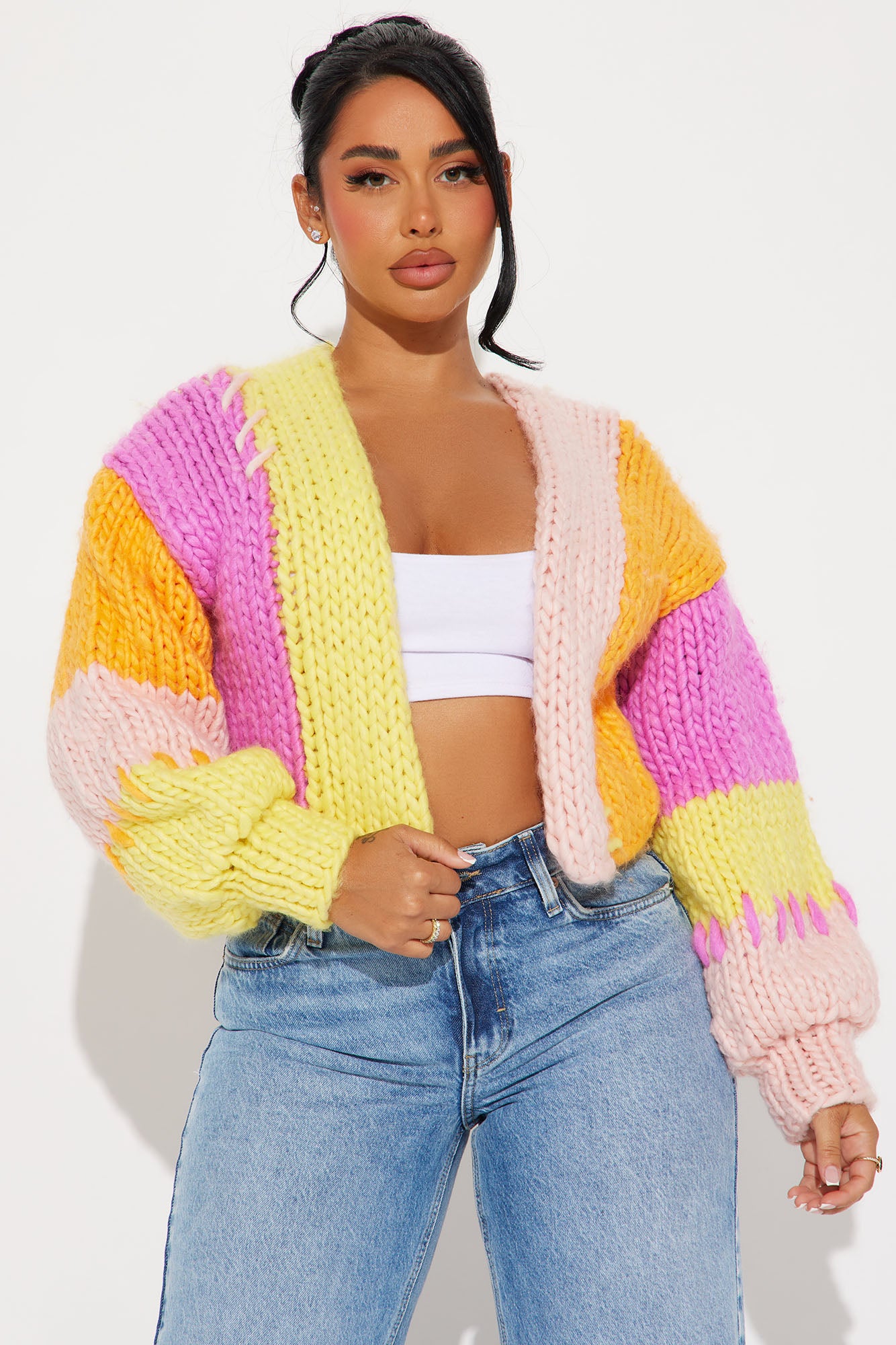 Camille Chunky Knit Color Block Cropped Cardigan - Pink/combo - Image 5
