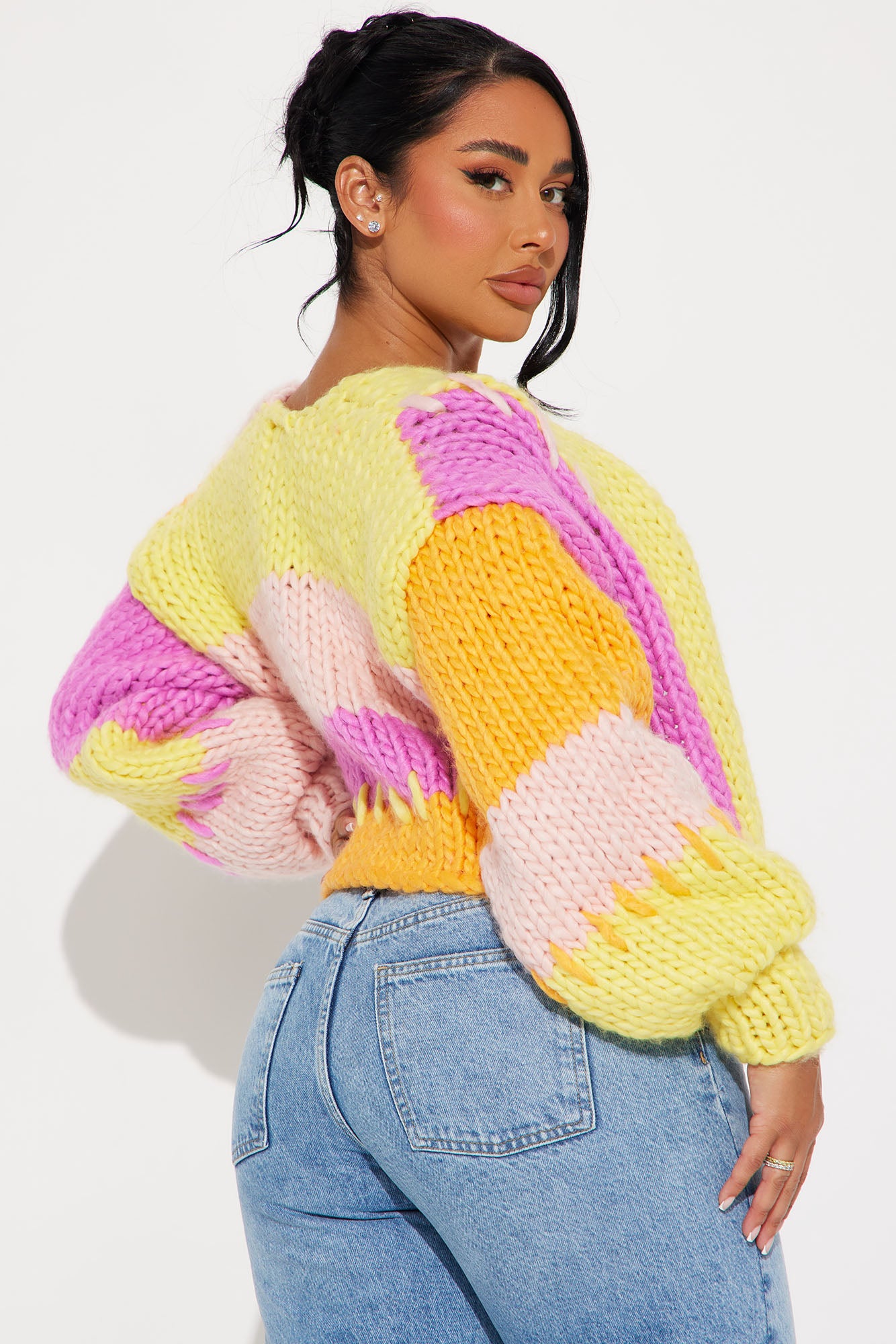 Camille Chunky Knit Color Block Cropped Cardigan - Pink/combo - Image 2