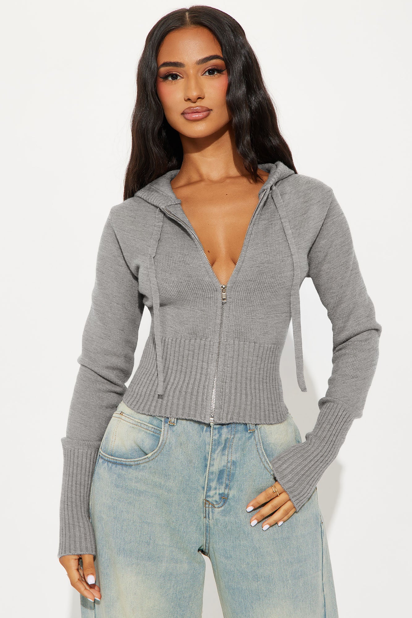 Lana Zip Up Sweater - Heather Grey - Image 2