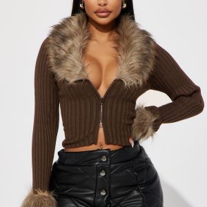 Furever Feeling Faux Fur Cropped Cardigan - Chocolate/Combo