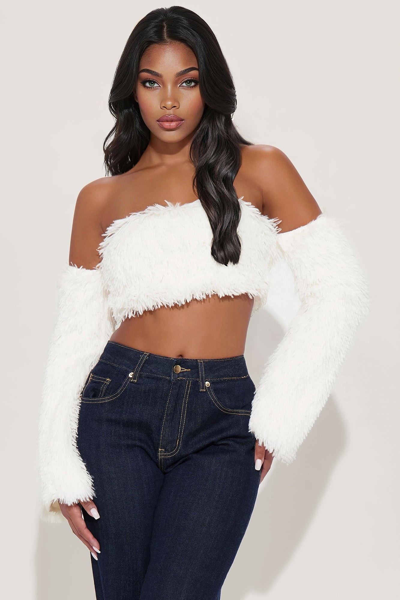 Break It Up Faux Fur Trim Off Shoulder Top - Beige - Image 25