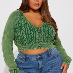 Street Looks Washed Cropped Cardigan - Green