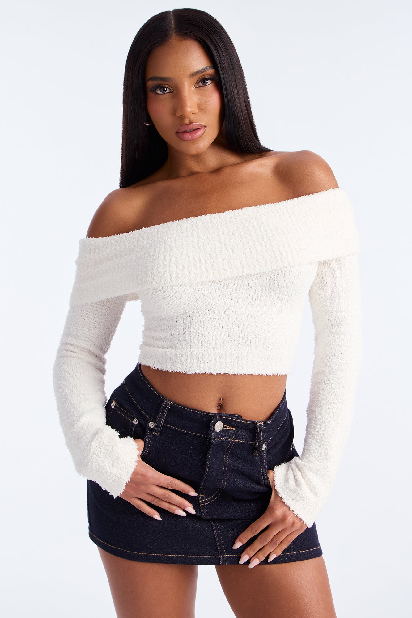Break It Up Faux Fur Trim Off Shoulder Top - Beige - Image 41