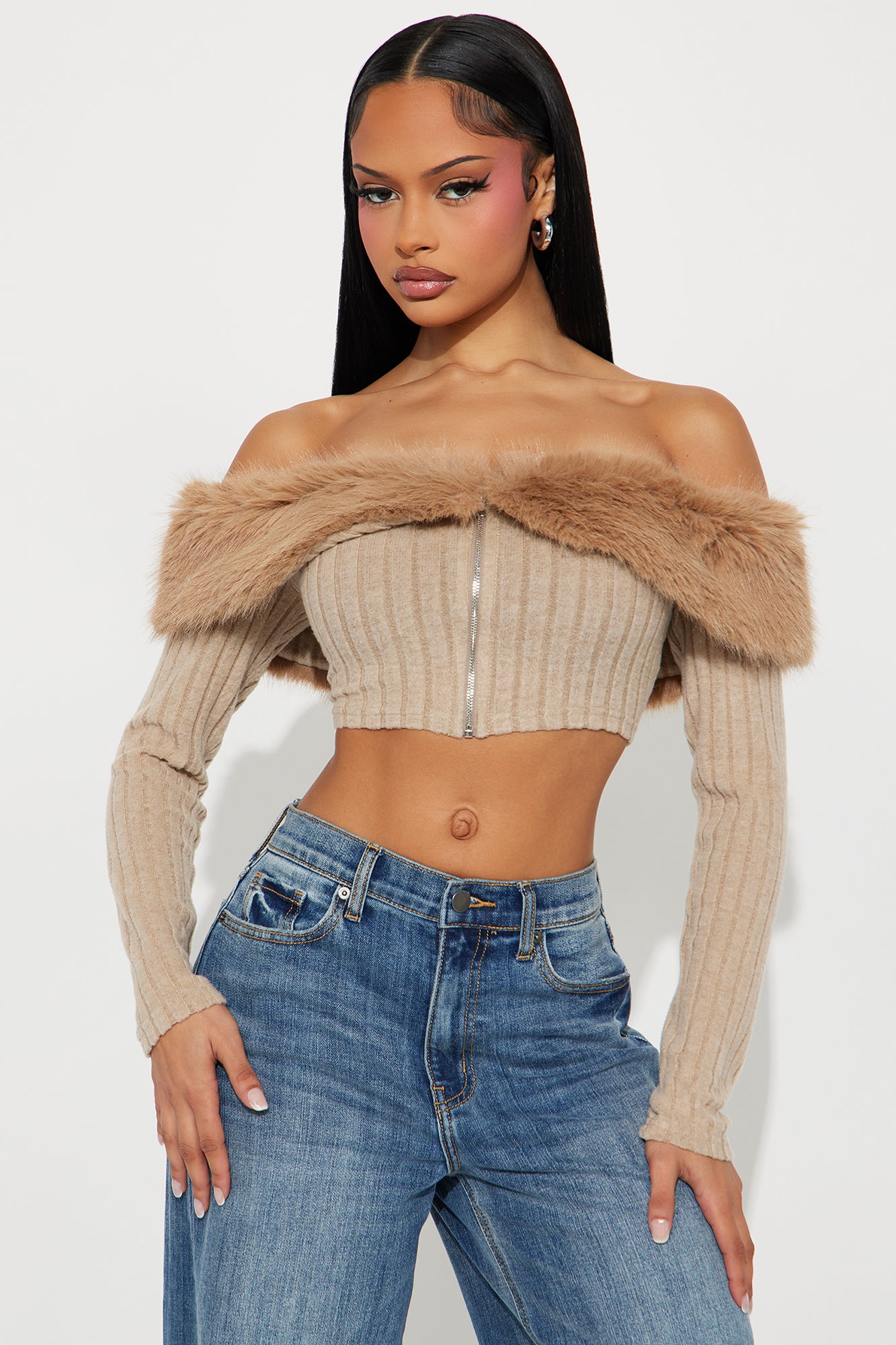 Break It Up Faux Fur Trim Off Shoulder Top - Beige - Image 6