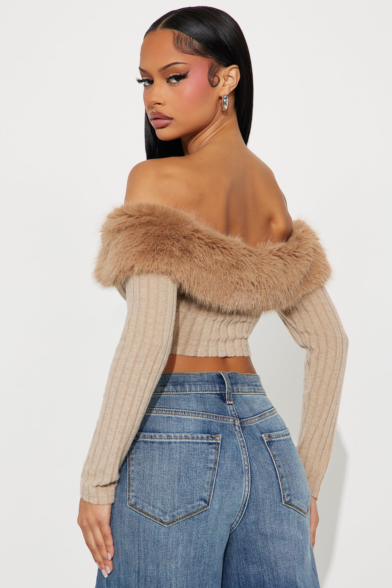 Break It Up Faux Fur Trim Off Shoulder Top - Beige - Image 7