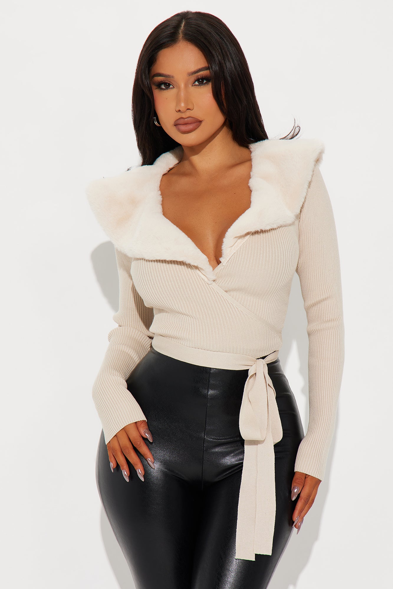 Break It Up Faux Fur Trim Off Shoulder Top - Beige - Image 20