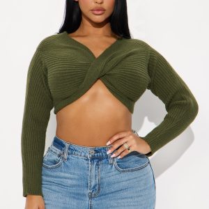 Jasmine Ribbed Twist Front Sweater - Olive