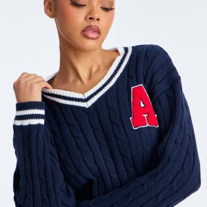 Varsity Edition Cable Knit Sweater - Navy/combo