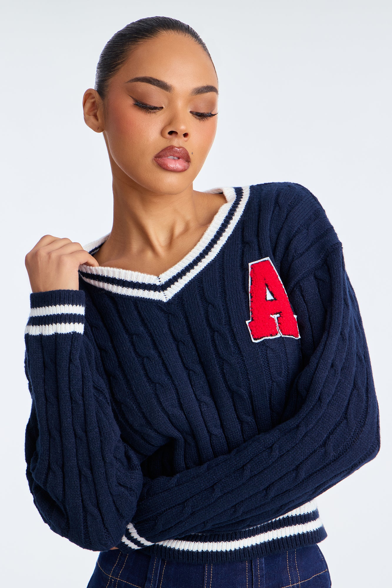 Varsity Edition Cable Knit Sweater - Navy/combo
