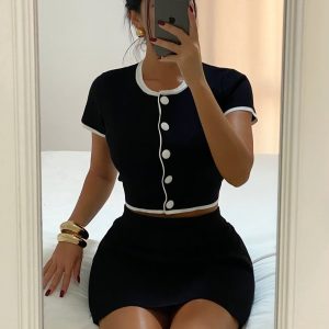 Audrey Cropped Cardigan Sweater Top - Black/White