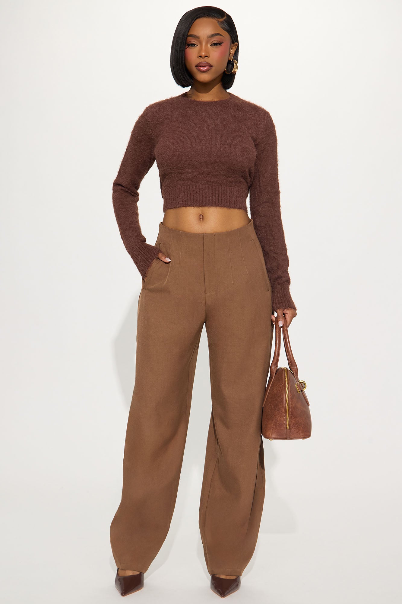 Alayna Crew Neck Fuzzy Sweater - Brown - Image 3