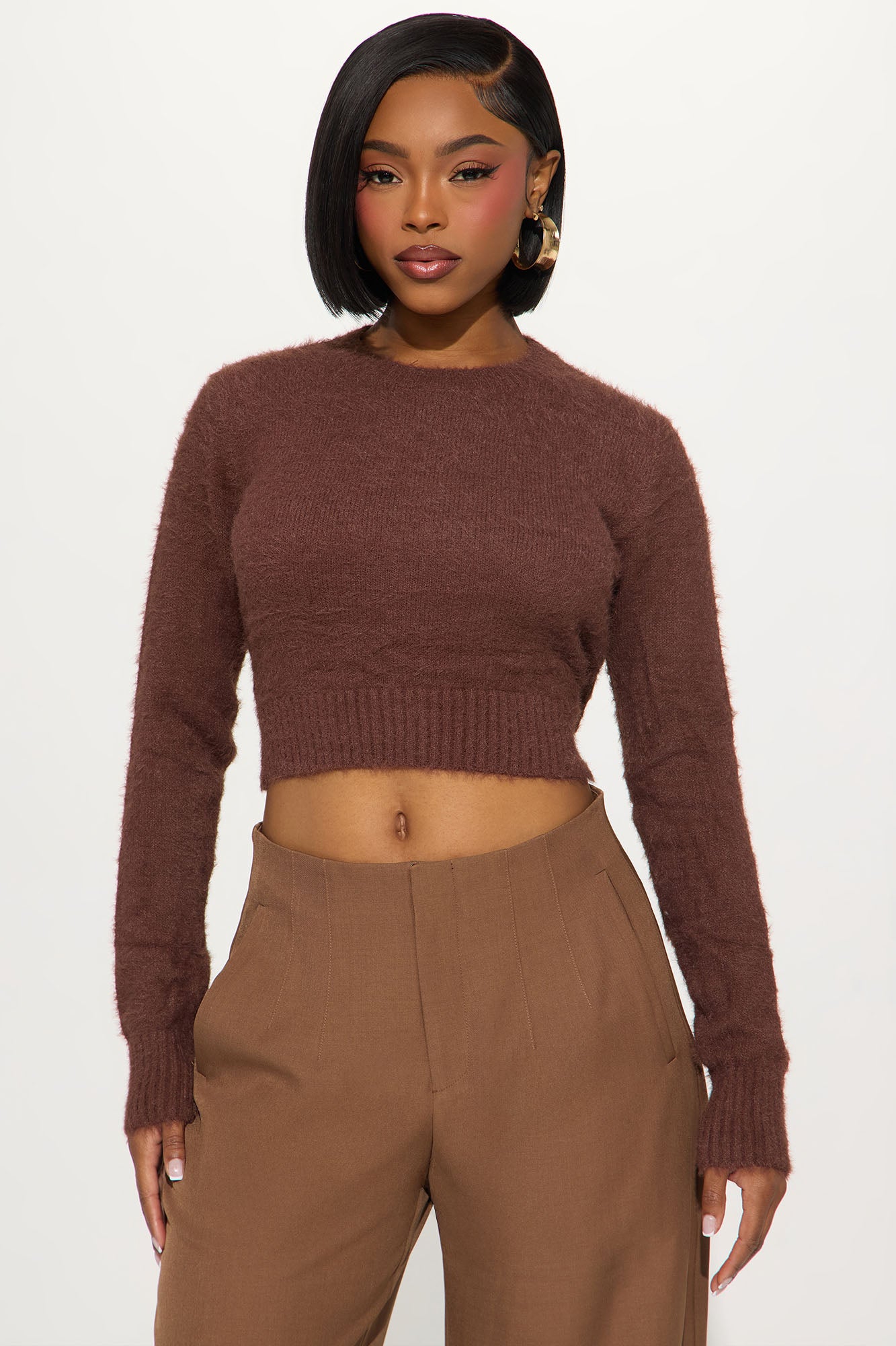 Alayna Crew Neck Fuzzy Sweater - Brown - Image 2