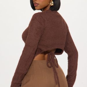 Alayna Crew Neck Fuzzy Sweater - Brown