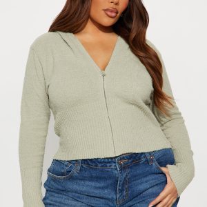 Pillow Talk Zip Front Ribbed Cardigan Sweater - Sage